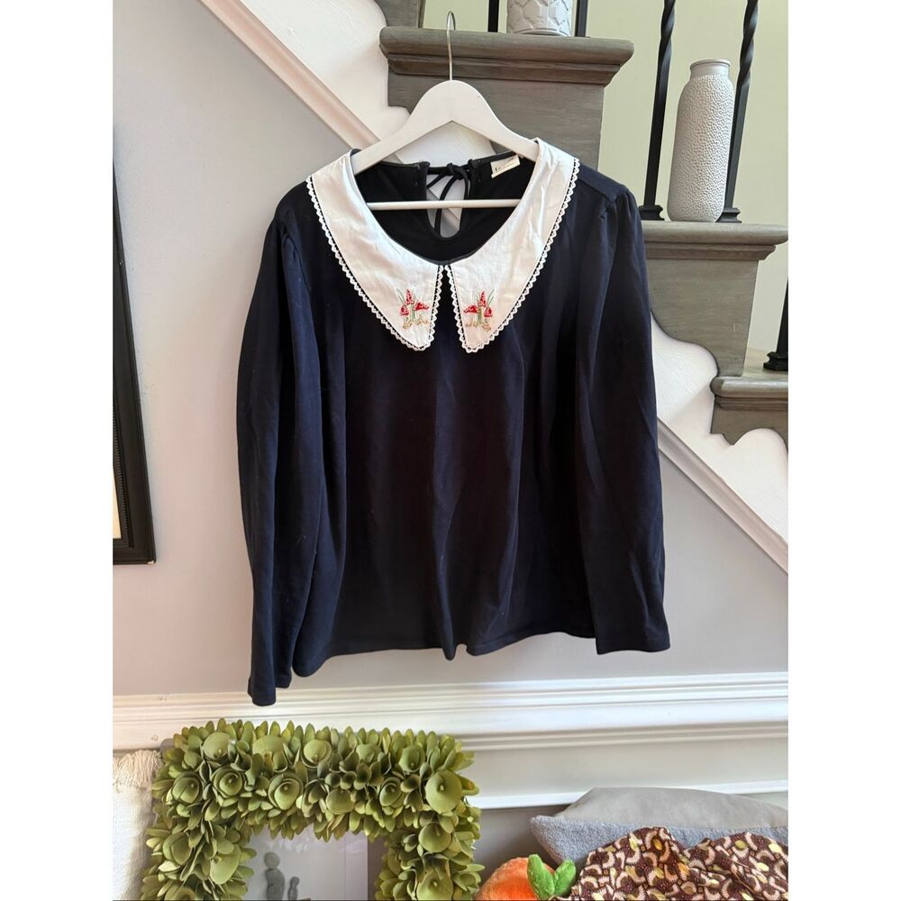 Joanie UK Black Peter Pan Collar Embroidered Mushroom Collar Sweater sz XXL EUC